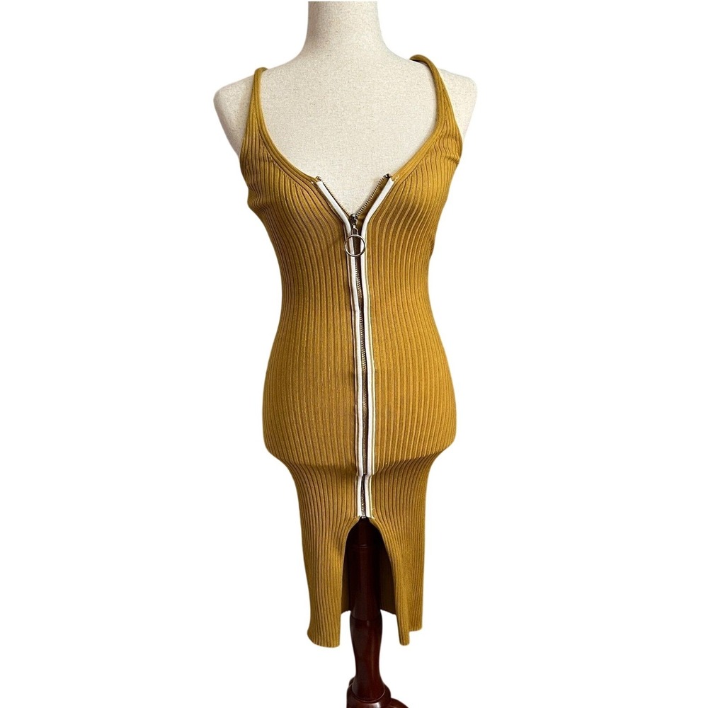 Say What Mustard Ribbed Zip Front Bodycon Midi Dress y2k S Going Out Festival